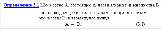 Подпись: Определение 3.1 Множество А, состоящее из части элементов множества В
или совпадающее с ним, называется подмножеством
множества В; в этом случае пишут
А В. (3.1)