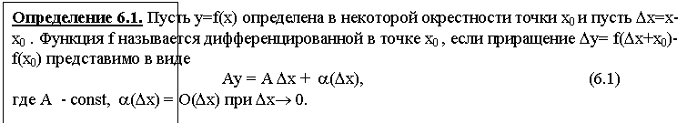 :  6.1.  y=f(x)      0   D=-0 .  f     0 ,   D= f(Dx+x0)-f(x0)    
                                    Ay = A D +  a(D),                                                     (6.1)
   - const,  a(D) = O(D)  D 0.
