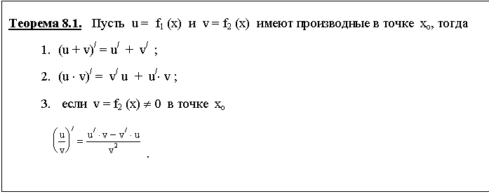 Подпись: Теорема 8.1. Пусть u = f1 (x) и v = f2 (x) имеют производные в точке хо, тогда
1. (u + v)/ = u/ + v/ ;
2. (u × v)/ = v/ u + u/× v ;
3. если v = f2 (x) ¹ 0 в точке хо
.