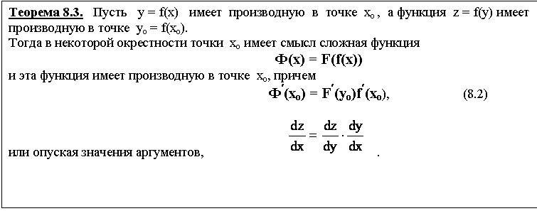 Подпись: Теорема 8.3. Пусть y = f(x) имеет производную в точке хо , а функция z = f(y) имеет производную в точке уо = f(xo).
Тогда в некоторой окрестности точки хо имеет смысл сложная функция
Ф(х) = F(f(x))
и эта функция имеет производную в точке хо, причем
Ф¢(хо) = F¢(yo)f¢(xo), (8.2)
или опуская значения аргументов, .