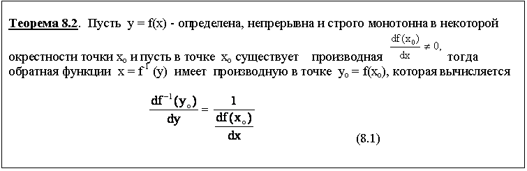Подпись: Теорема 8.2. Пусть у = f(x) - определена, непрерывна и строго монотонна в некоторой окрестности точки хо и пусть в точке хо существует производная тогда обратная функции х = f-1 (у) имеет производную в точке уо = f(xо), которая вычисляется
(8.1)