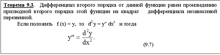 Подпись: Теорема 9.3. Дифференциал второго порядка от данной функции равен произведению призводной второго порядка этой функции на квадрат дифференциала независимой переменной.
Если положить f (x) = у, то d2 y = y² dx2 и тогда
(9.7)